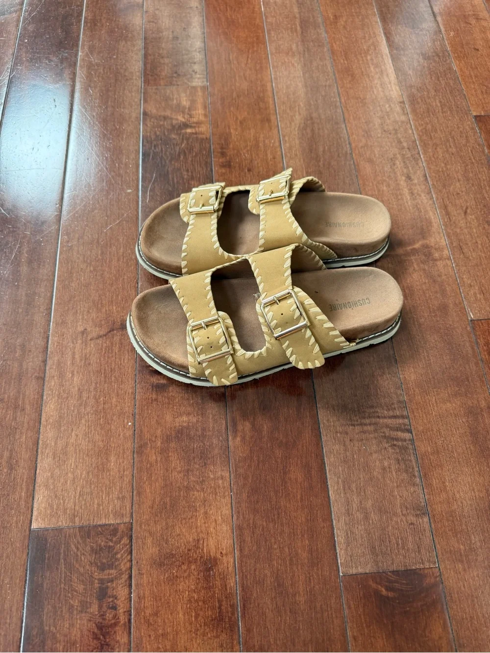 Wyatt Women’s Tan Double Buckle Slide Sandals, size 7W